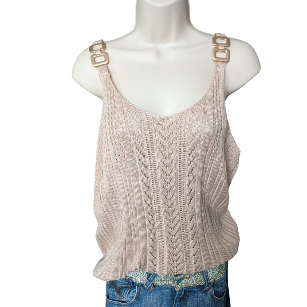 Boho Chic Beige Knit Tank Top with Gold Chain Straps Size L